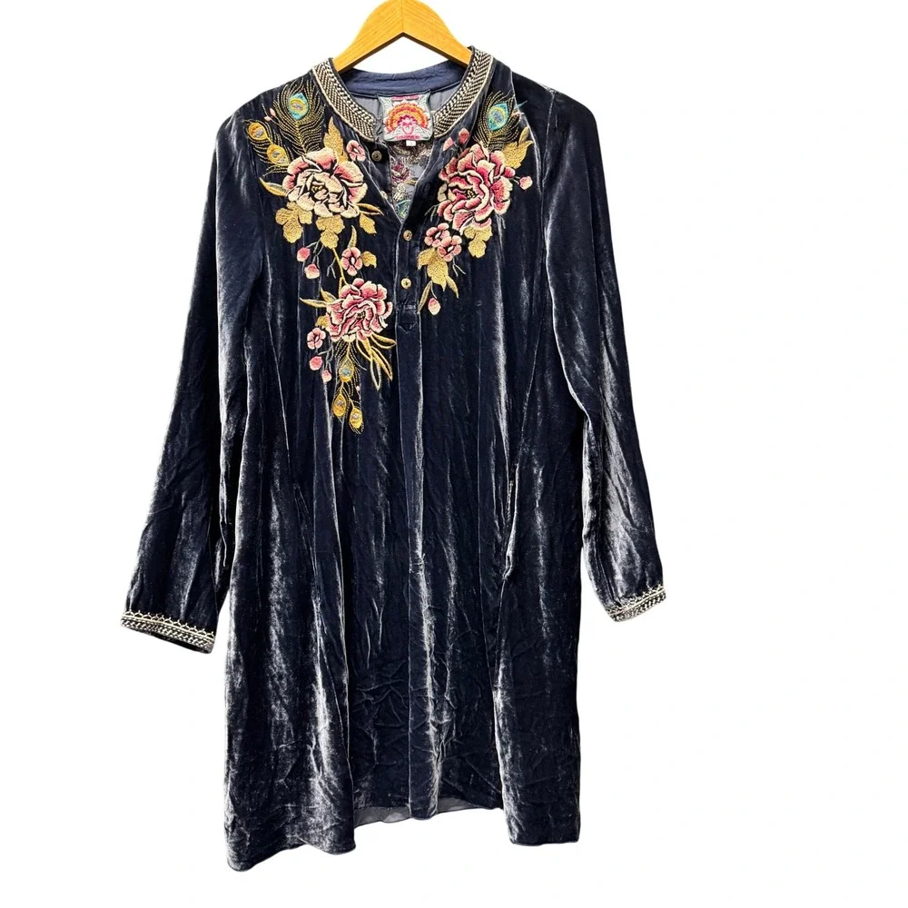 Johnny Was Dress Womens Small Quito Blue Embroidered Velvet Floral Boho‎ Pockets